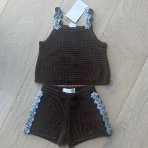 Zara NWT 6yr Brown Crochet Tank & Shorts Set with Blue Flower Trim